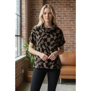 KOZAN Black Geometric Print Cowl Neck Short Sleeve Top Size S